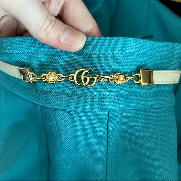 Gucci Turquoise Viscose Linen Pleated Midi Skirt with White Leather Gold GG Belt - Picture 7 of 11